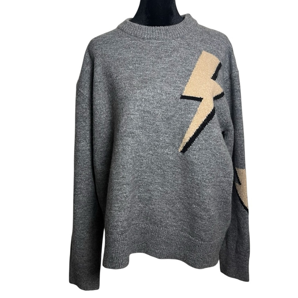THML Gray Heavyweight Tan Lightning Bolt Oversized Crew Neck Sweater — Size S